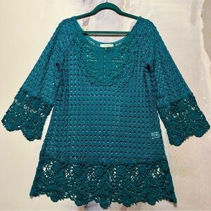UMGEE Crochet‎ Knit Tunic Cover-Up Womens L Boho Beach Hippie Turquoise Blue